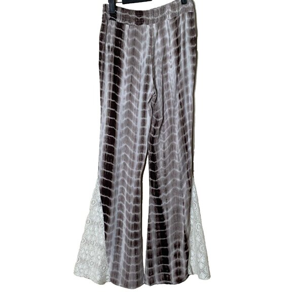 Umgee Women's Tie Dye Gauze Lace Flare Bell Bottom Boho Pants Size S Brown - Picture 1 of 9